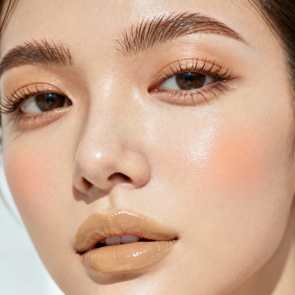 AI natural makeup look with dewy skin and nude lip