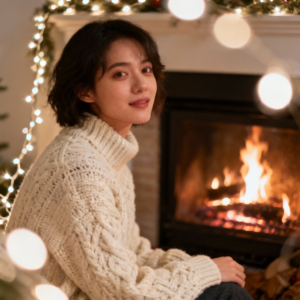 AI cozy holiday portrait by fireplace with bokeh lights
