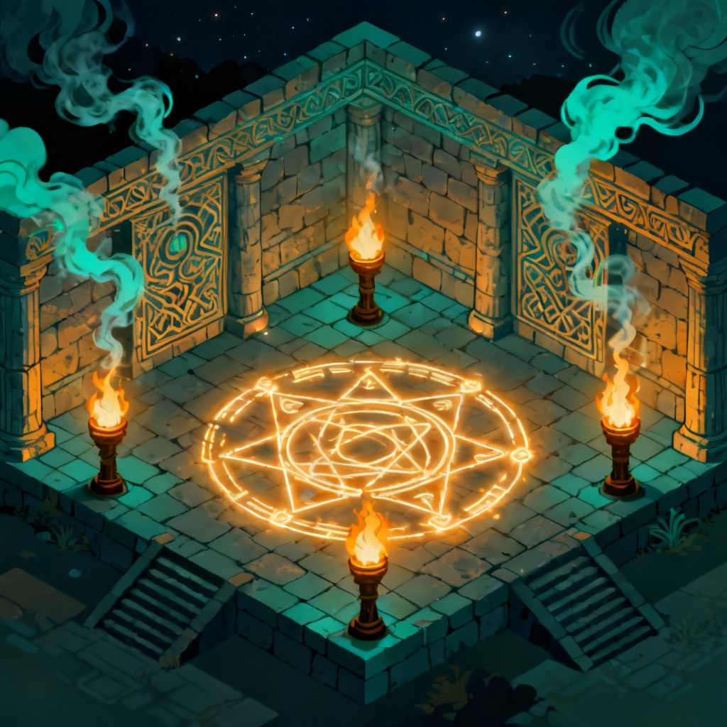 AI mythic temple fire ritual choreography illustration