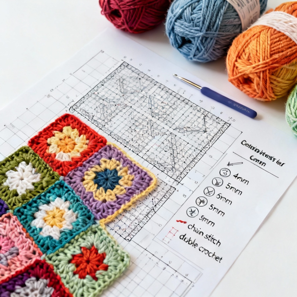 AI crochet pattern preview of a granny square blanket with stitch chart