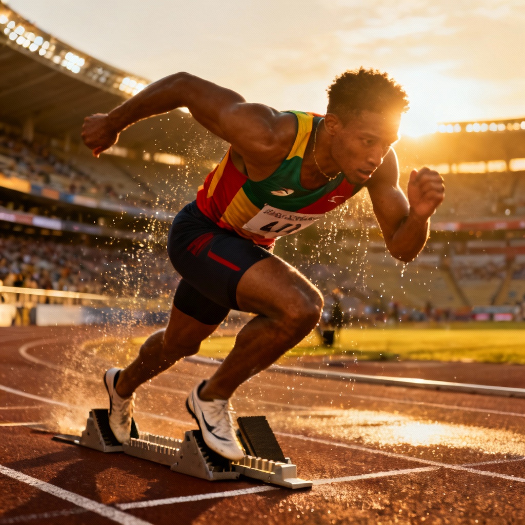 AI athletics image of a sprinter launching from starting blocks at sunset