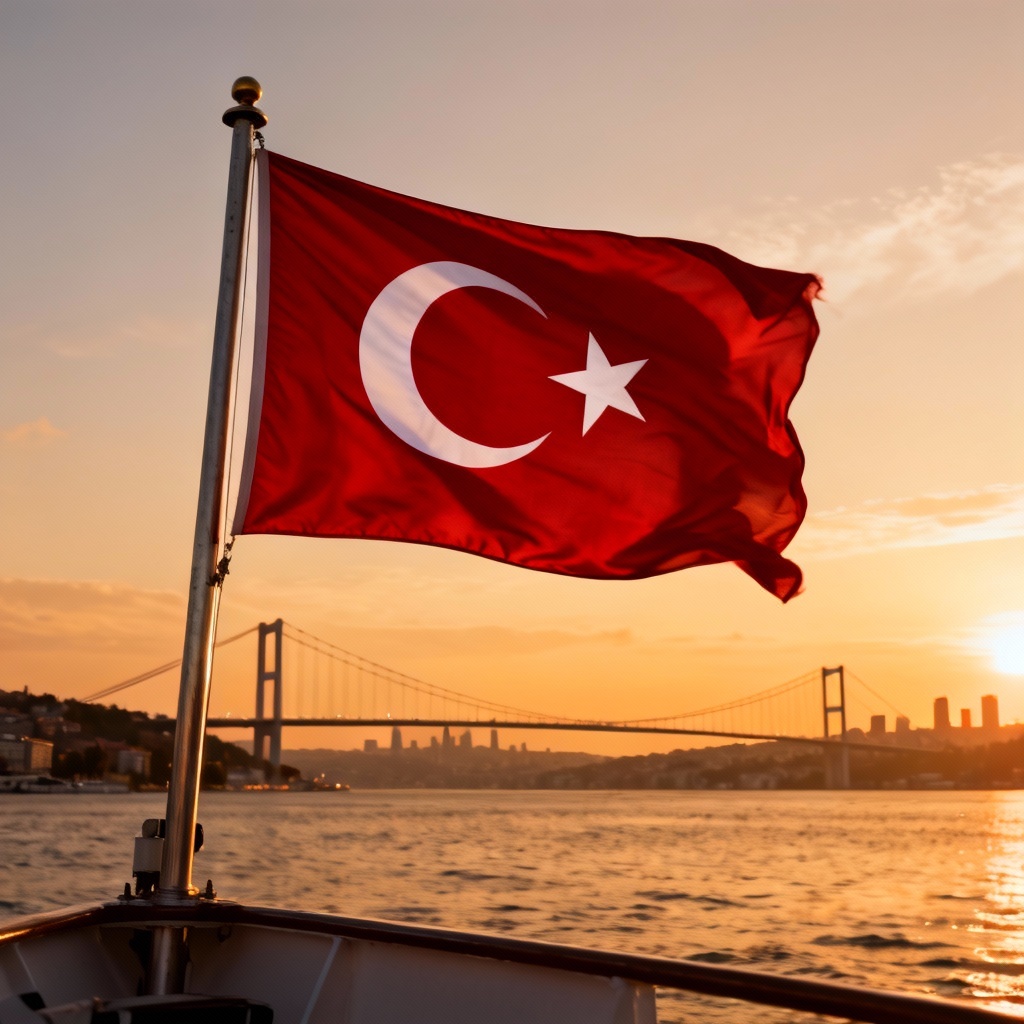 Turkish flag waving at Bosphorus with sunset skyline