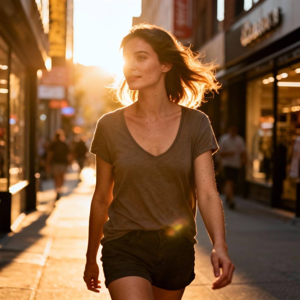 AI realistic girl portrait walking in city at golden hour, adult woman