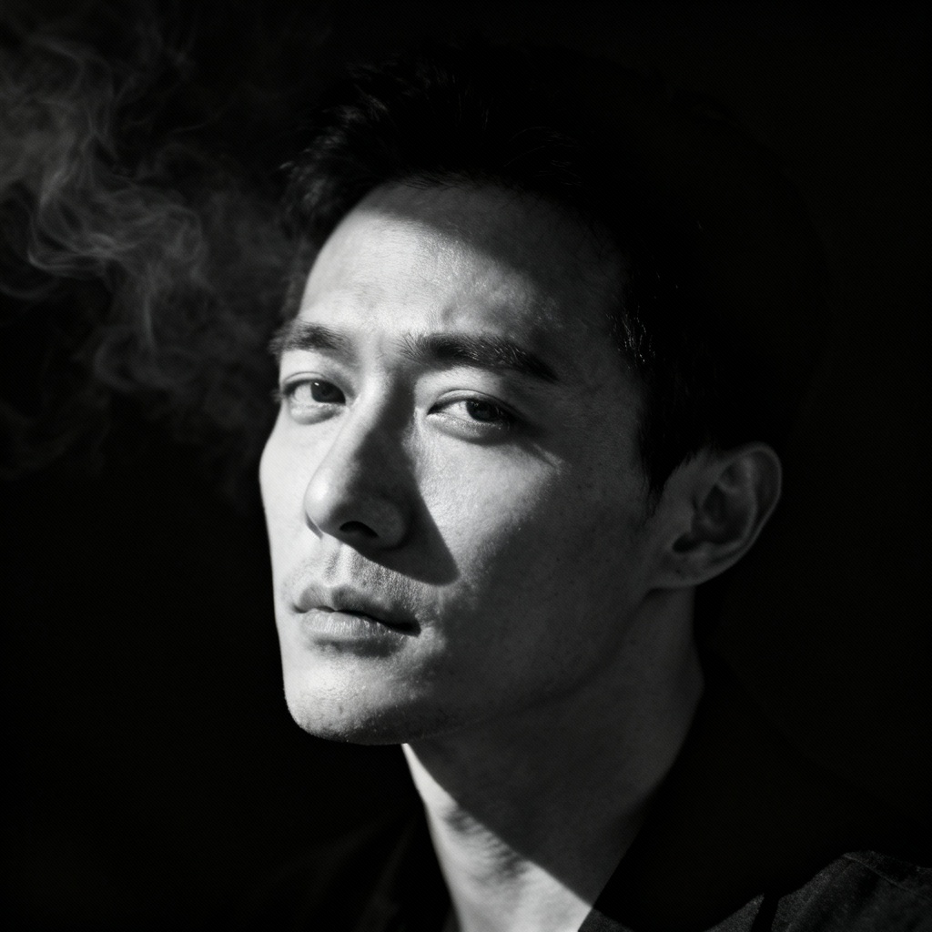 AI cinematic low-key portrait with dramatic split lighting