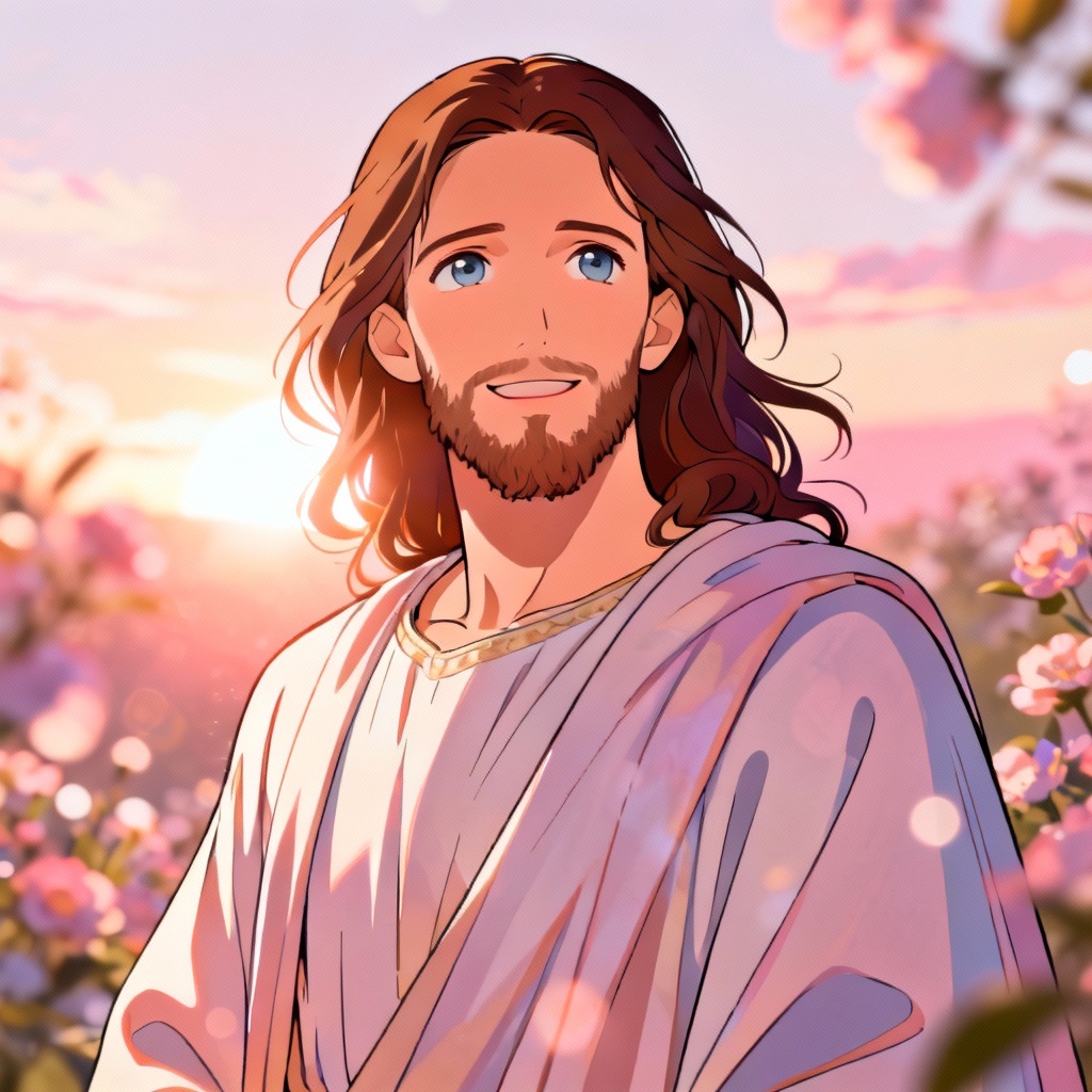 Anime-style AI Jesus with glowing sunrise