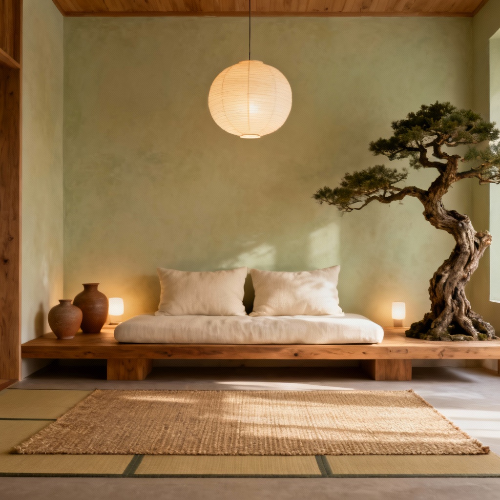 Japandi modern living space with oak furniture and zen decor