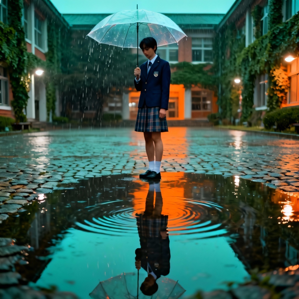 Cinematic rainy campus with adult character in K-uniform