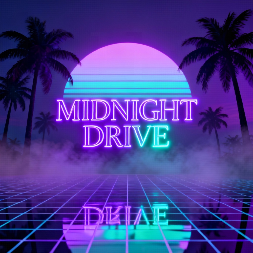 AI vaporwave neon title with palm silhouettes