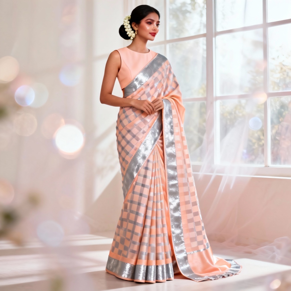Pastel peach Kanjeevaram wedding saree with silver zari checks