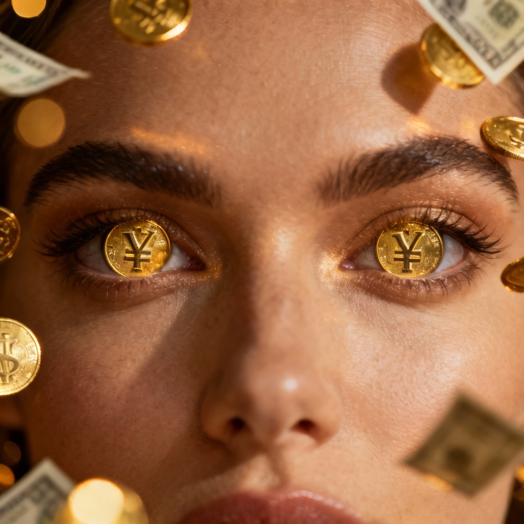 Photoreal closeup portrait with golden coin eyes and cash glow