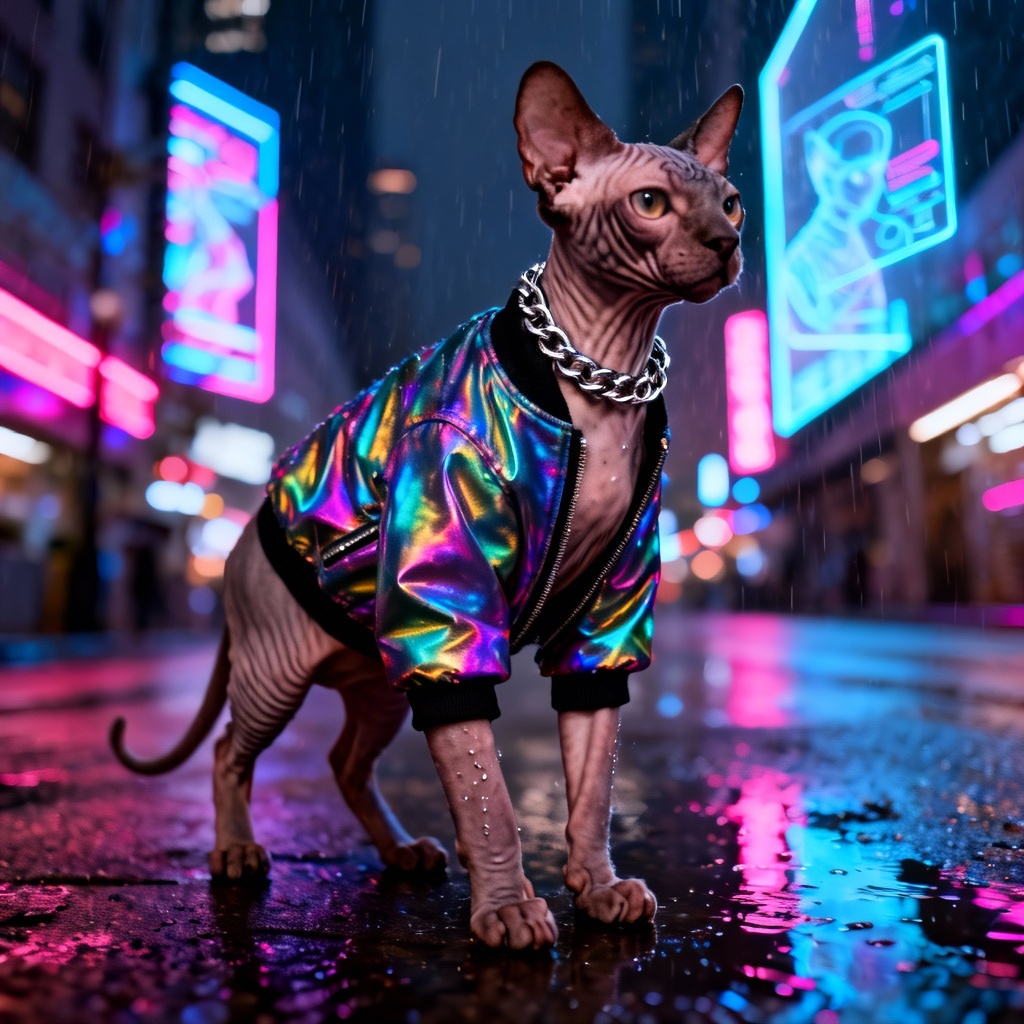AI gangster Sphynx cat in cyberpunk jacket