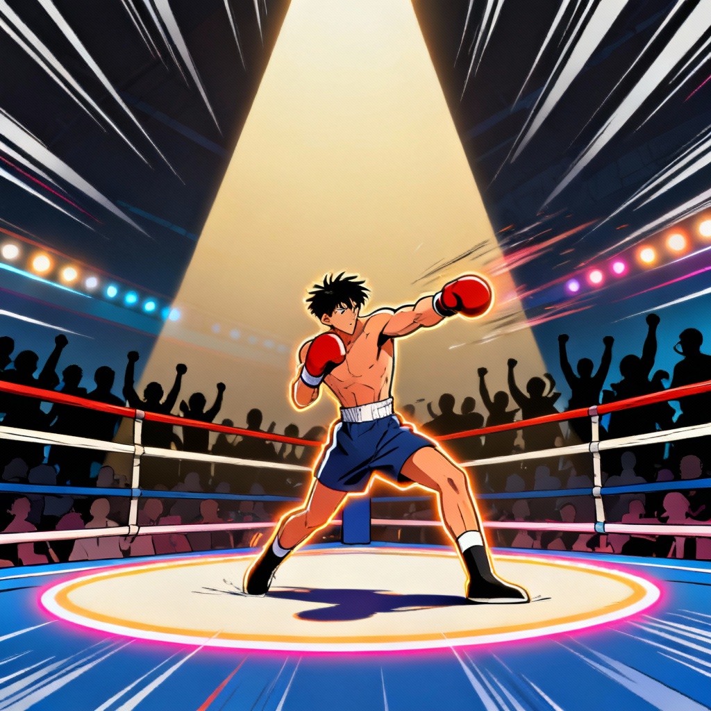 Dynamic anime boxing ring with dramatic lighting and speed lines