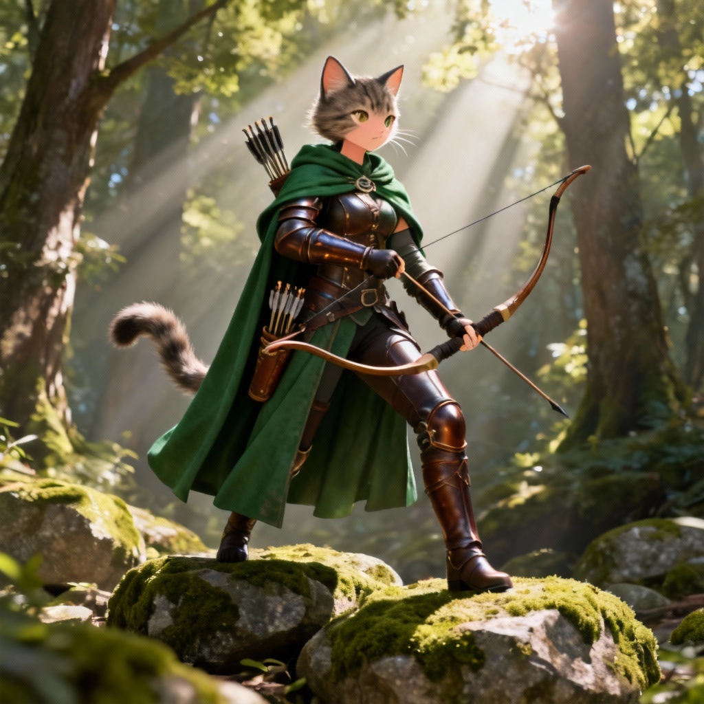 AI fantasy cat girl huntress in a forest