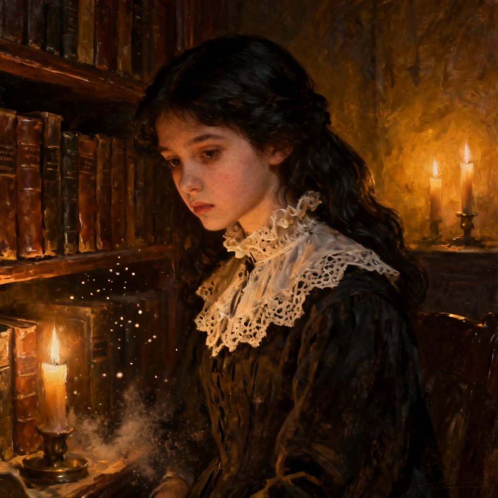 AI mysterious girl in a candlelit gothic library
