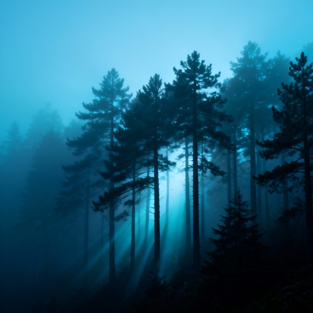 AI misty pine forest with god rays and cool tones