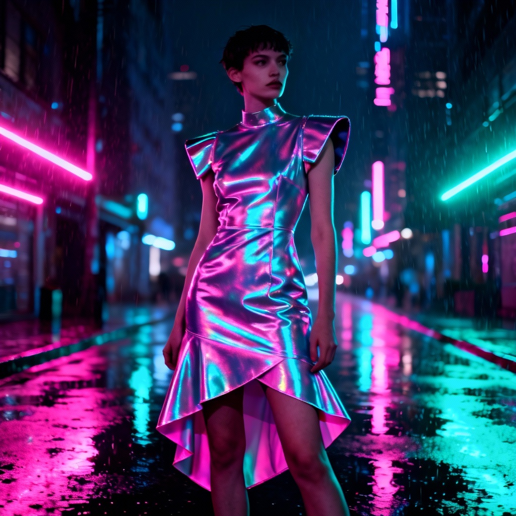 AI cyberpunk neon cocktail dress at night