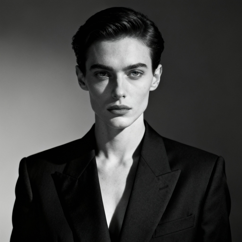 AI androgynous black and white fashion portrait