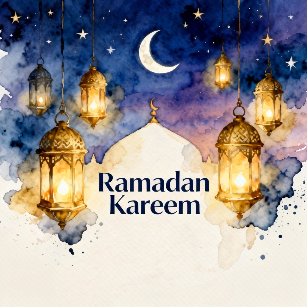 AI Ramadan Kareem banner with watercolor lanterns and night sky