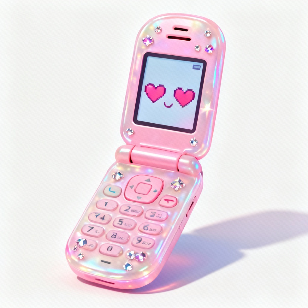 Pink flip phone Y2K emoji with heart eyes