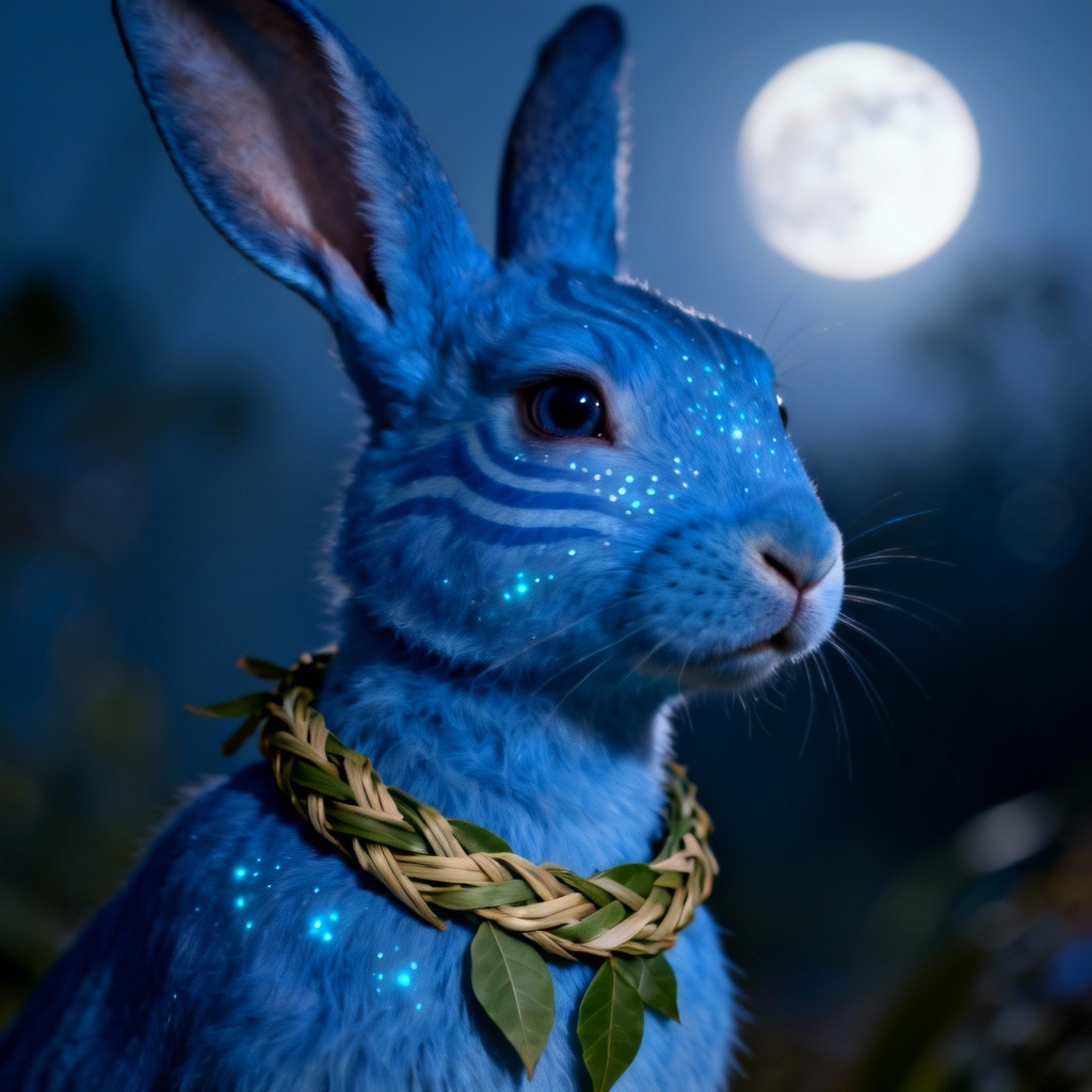 Blue alien rabbit with glowing facial marks