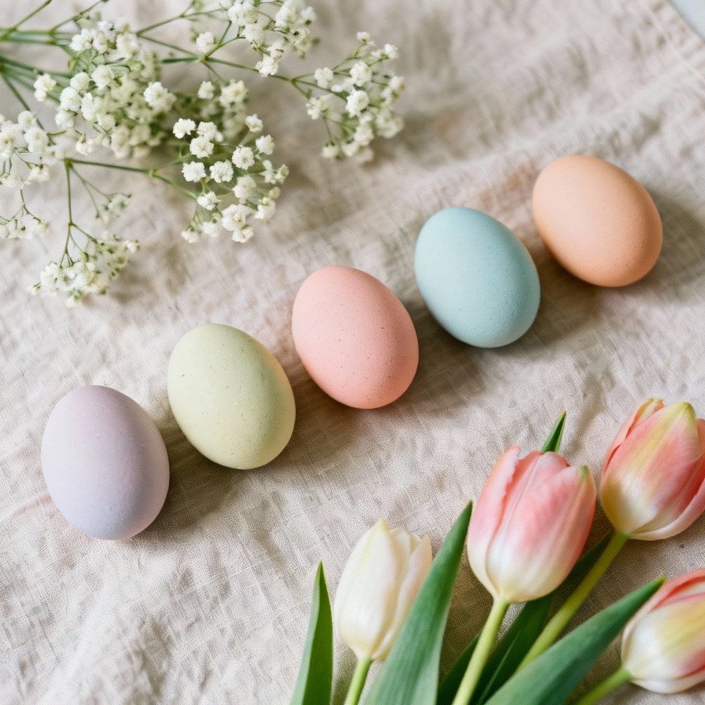 Flatlay of pastel painted Easter eggs with flowers