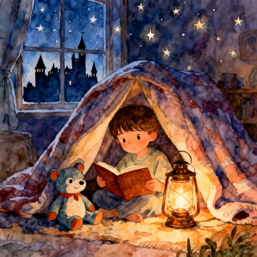AI bedtime story image with child reading and castle view