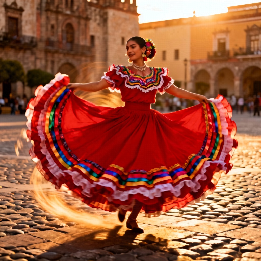 AI folklorico Jalisco dress swirling in motion
