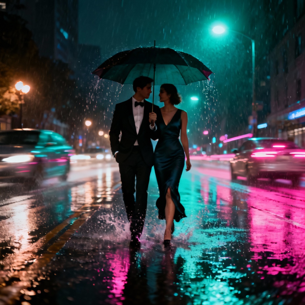 AI city night neon prewedding rain reflections