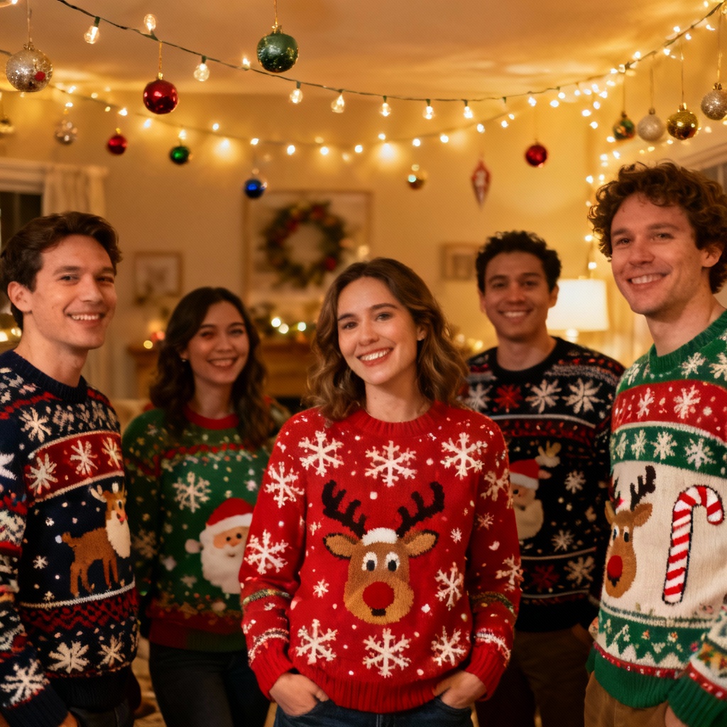 AI ugly Christmas sweater party group