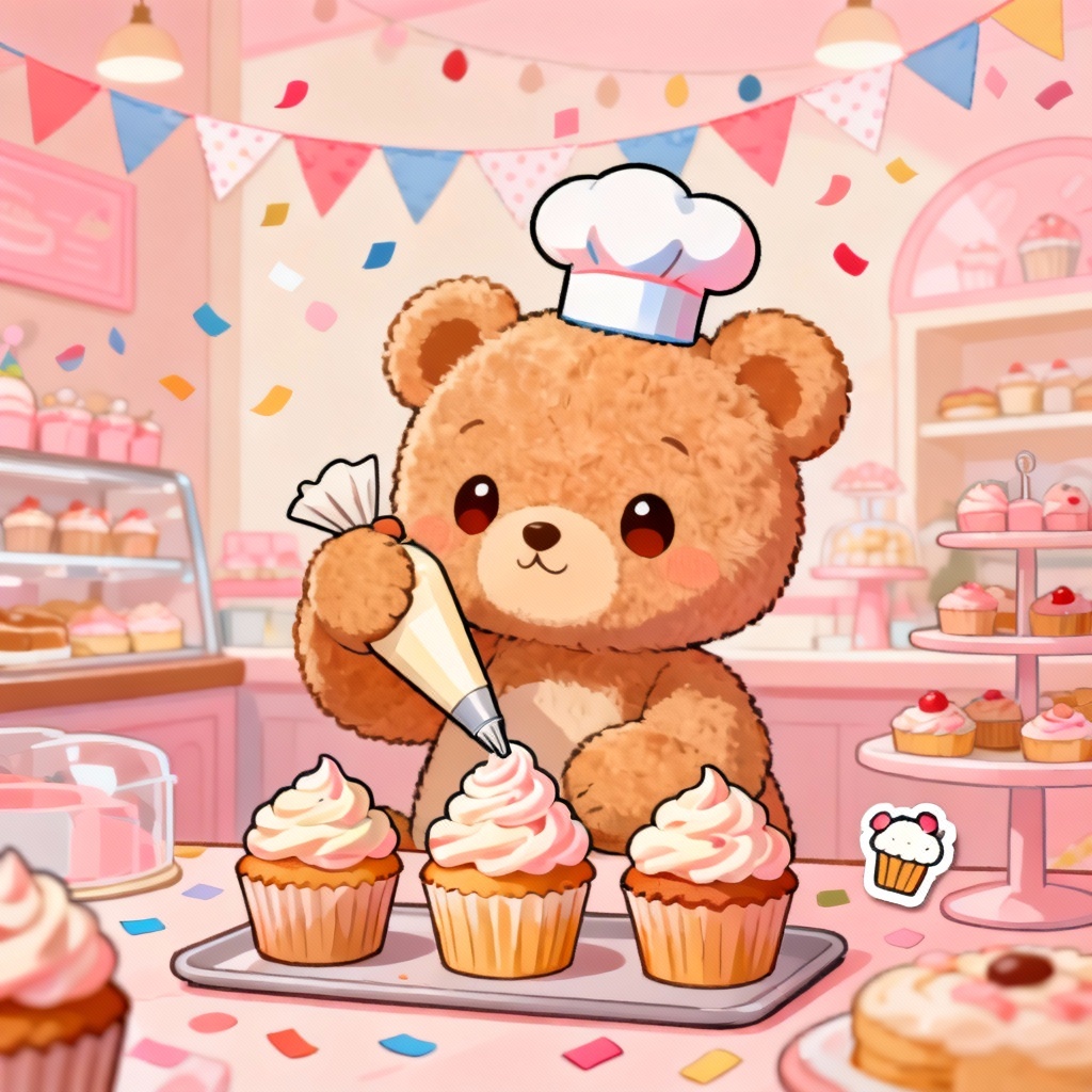 AI teddy bear pastry chef with cupcakes