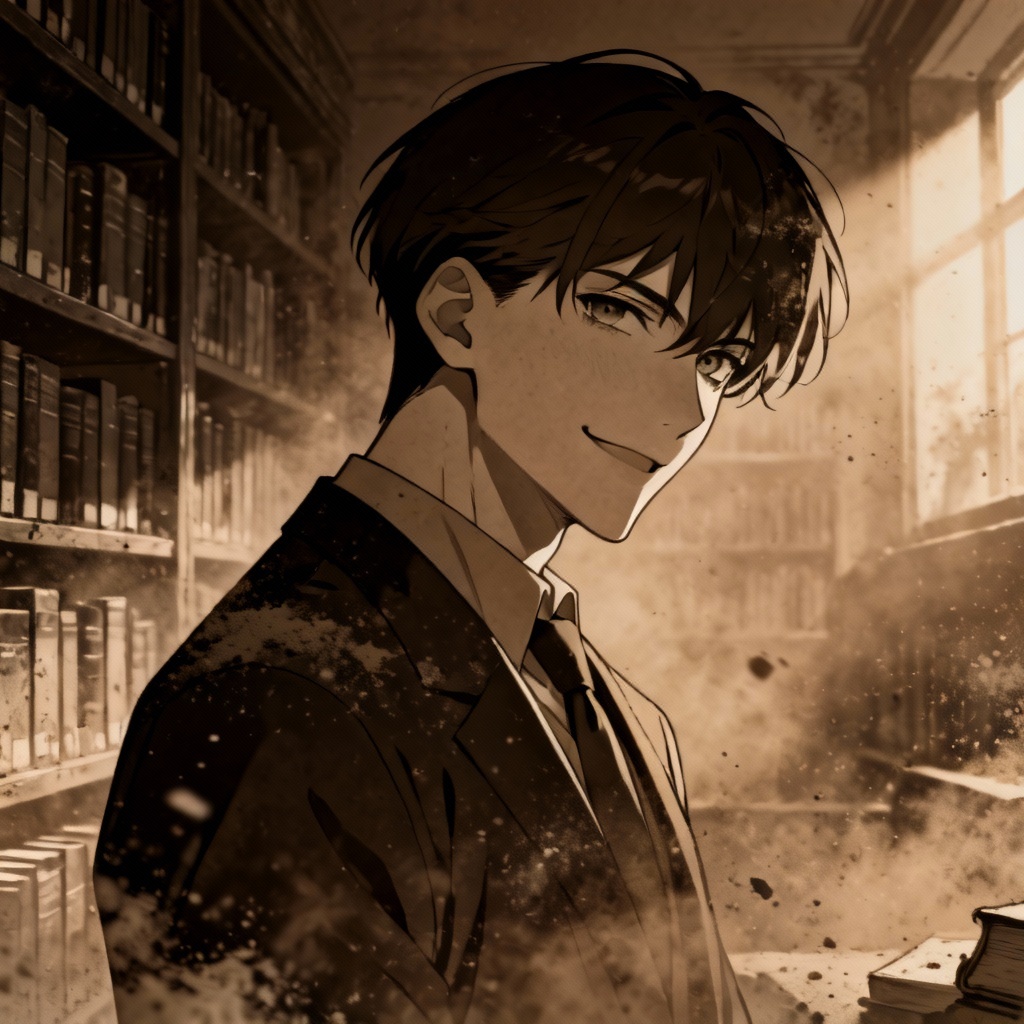 Yandere mood portrait in a moody library with soft shadows