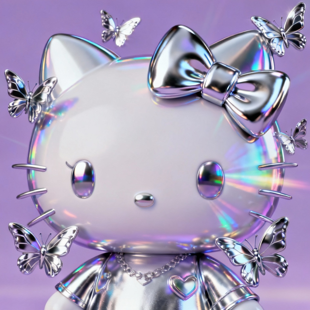 Chrome butterfly Y2K Hello Kitty PFP with metallic shine