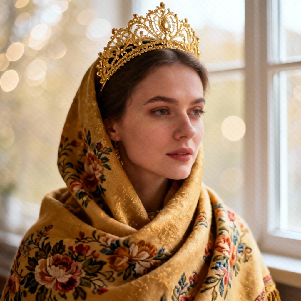 AI portrait with Pavlovo Posad floral shawl and kokoshnik