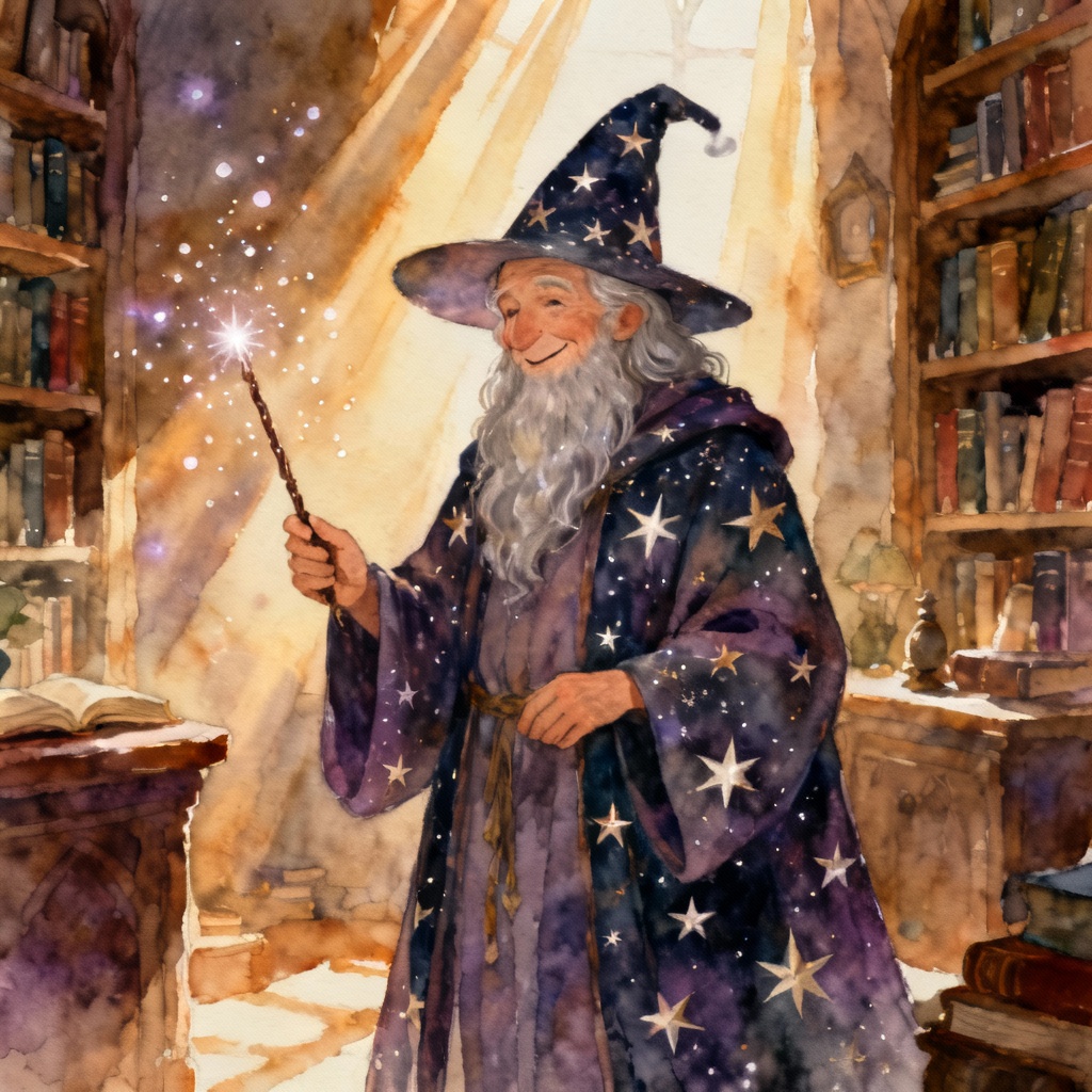 AI Disney-style kind wizard mentor in a cozy library