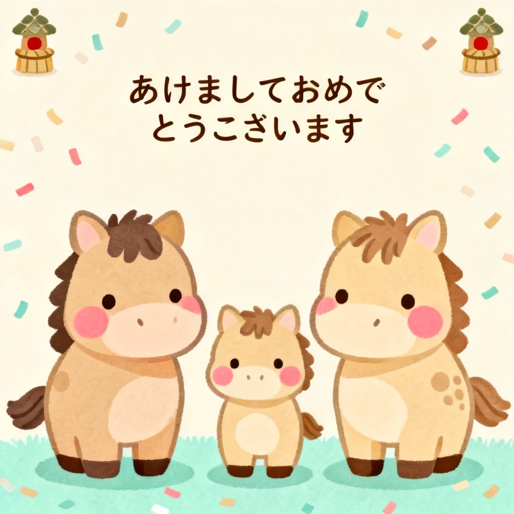 AI nengajo kawaii horse family with pastel confetti
