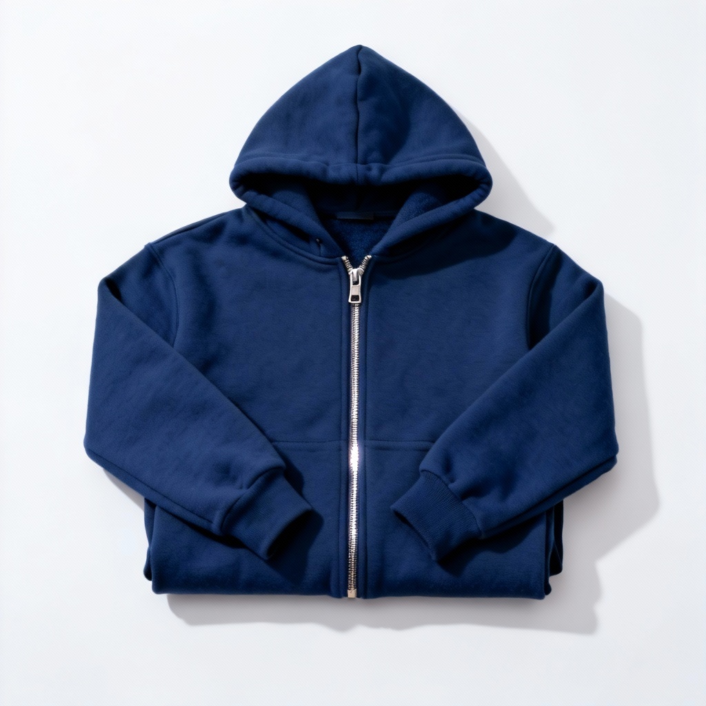 AI navy zip hoodie flat lay on white