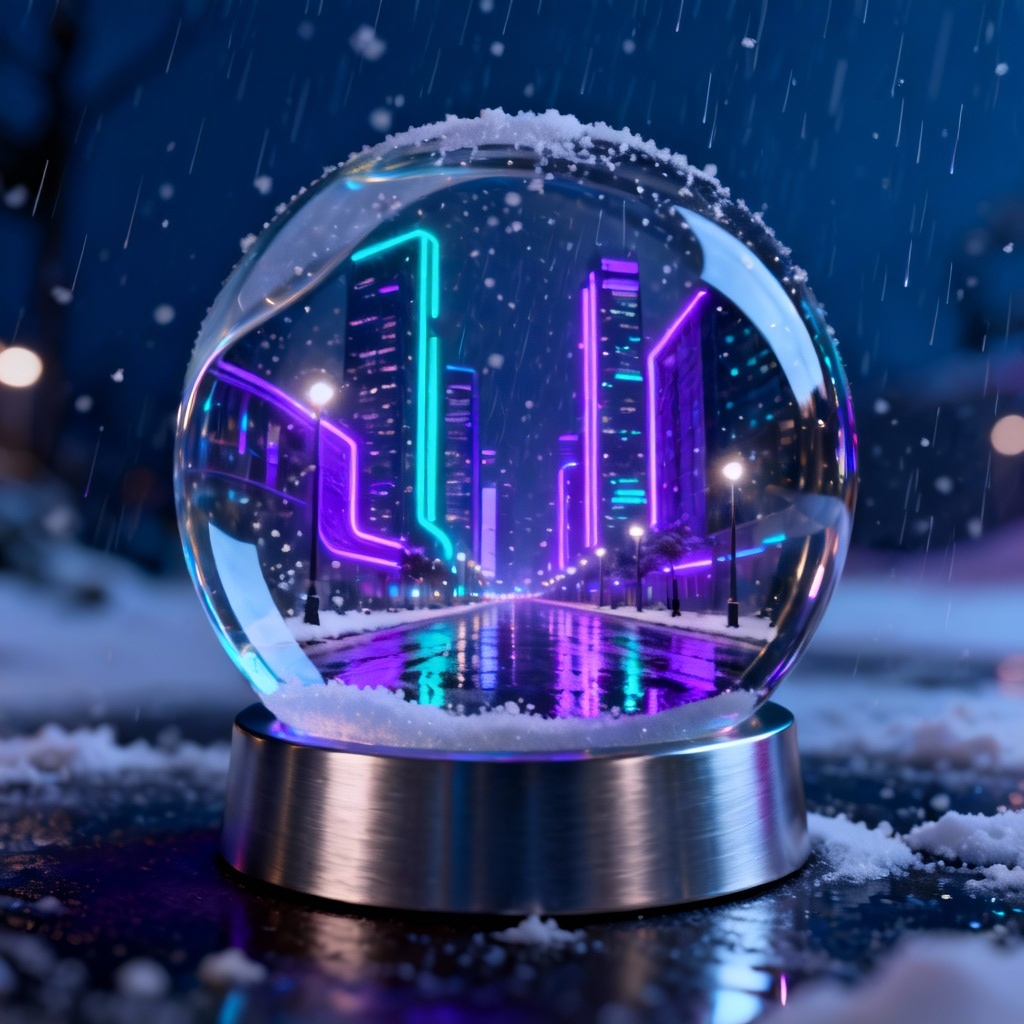 City skyline inside a modern AI snow globe at night
