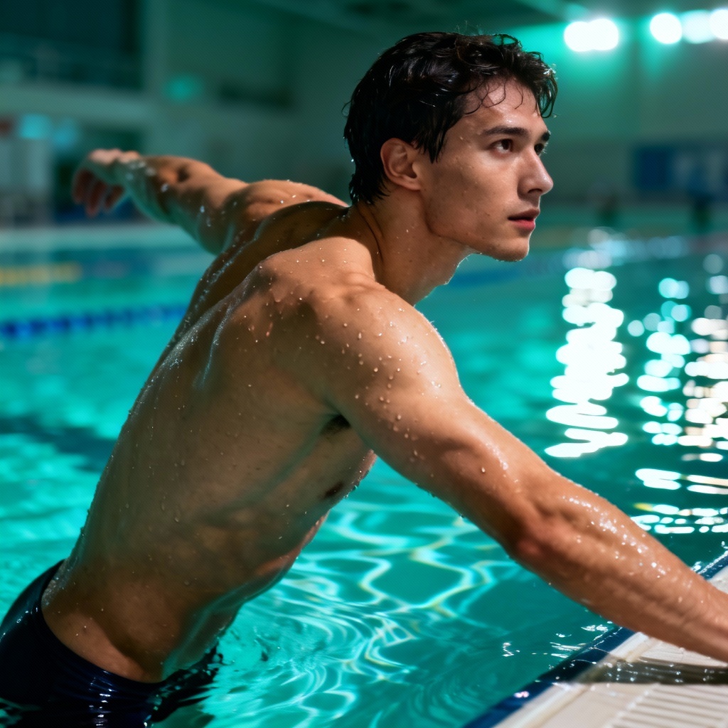 AI male swimmer stretching by an indoor pool with teal lighting