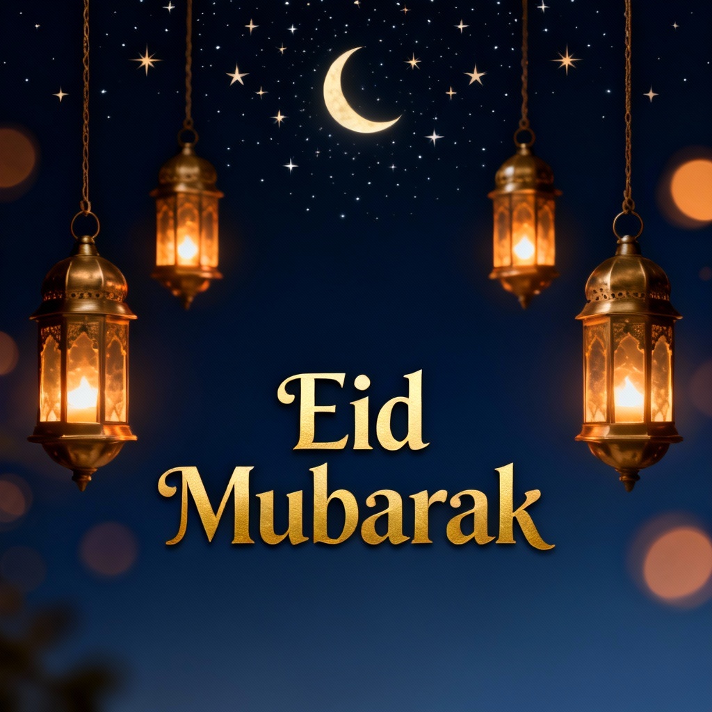 Navy Luxury Eid Card With Lanterns And Stars