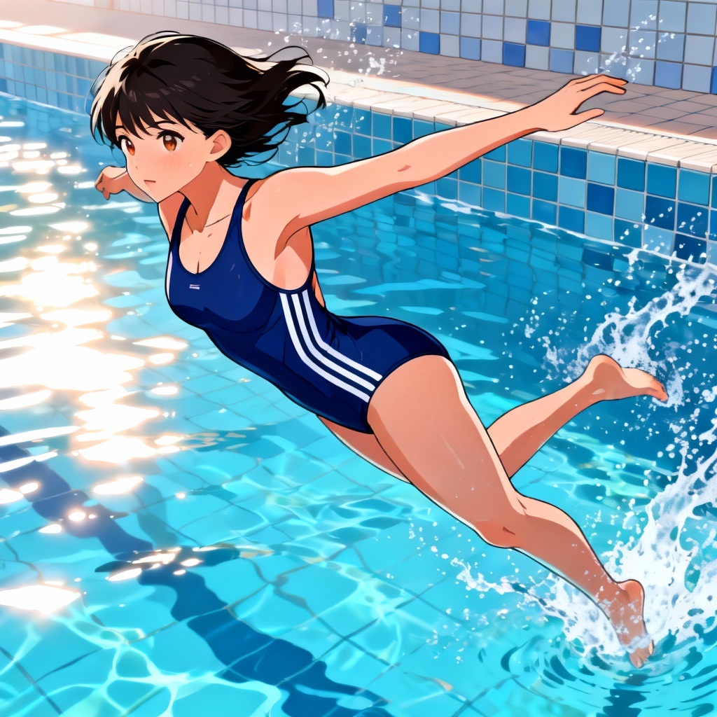 Sporty waifu in navy one-piece swimsuit diving by the pool