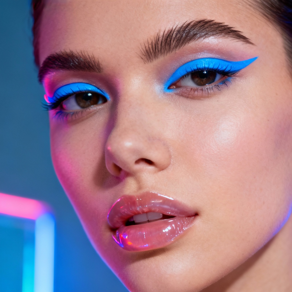 AI editorial makeup with neon blue floating liner