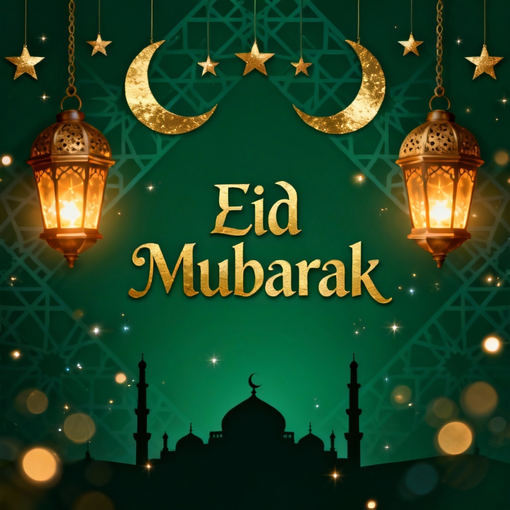 AI Eid Mubarak card with gold crescent, lanterns, and mosque silhouette