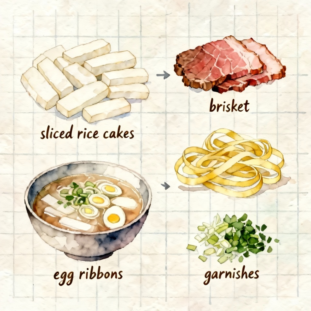 Watercolor tteokguk cookbook spread with labeled ingredients
