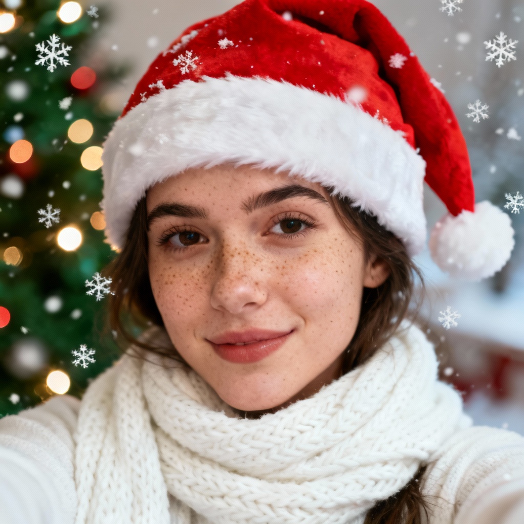 AI Santa selfie with twinkling Christmas lights