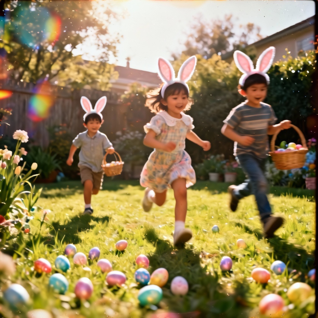 Vintage film Easter egg hunt with bunny ears