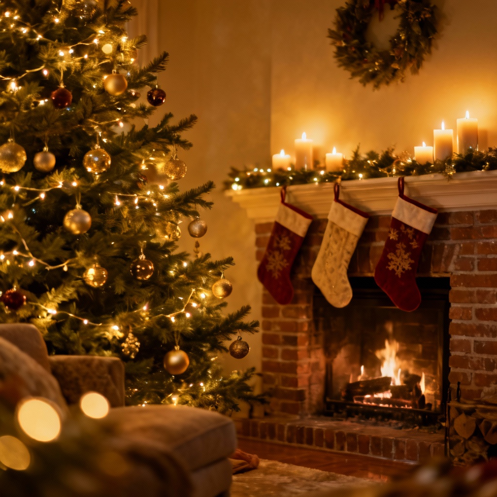 AI Christmas living room background with tree, fireplace and bokeh lights