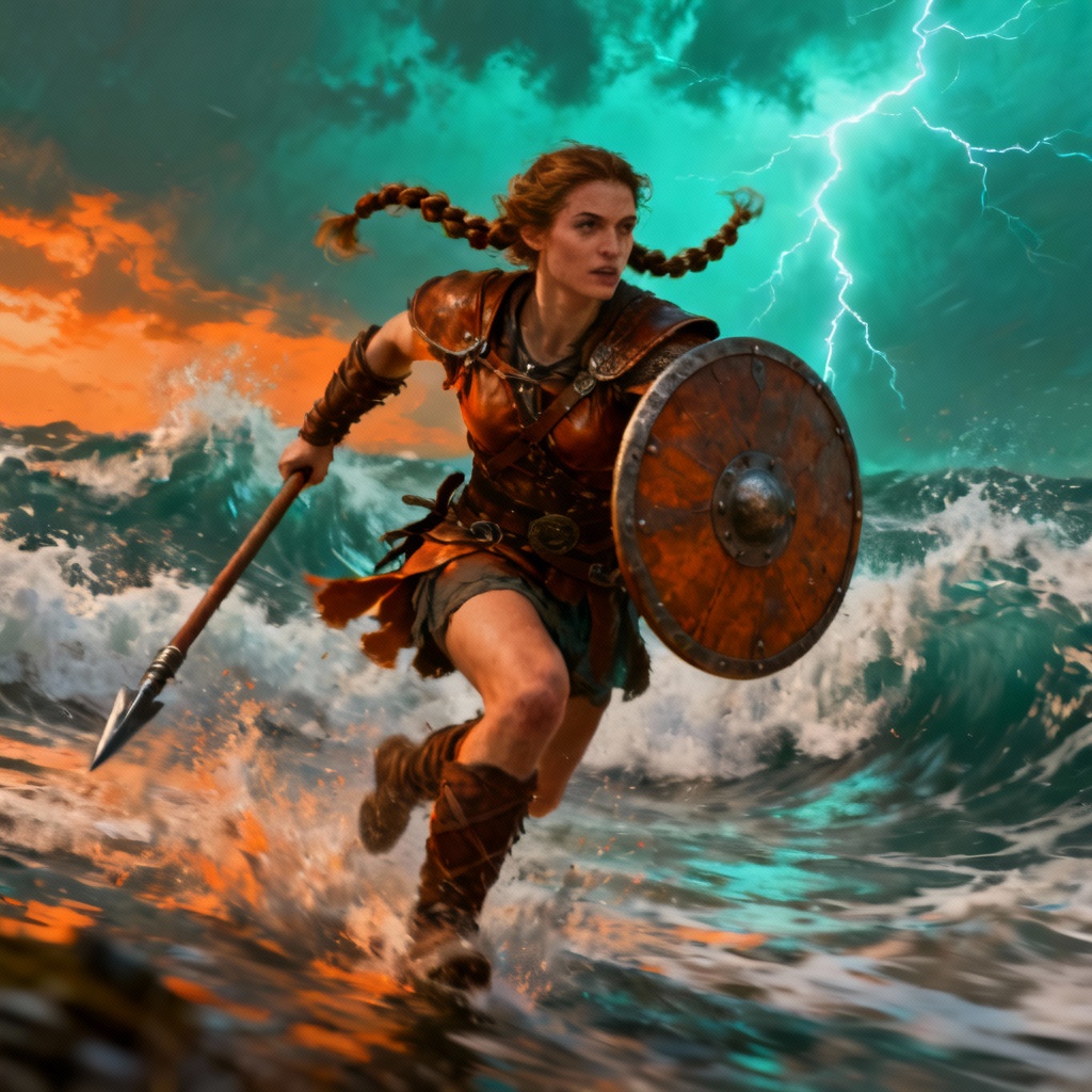 AI shieldmaiden in storm with spear and shield