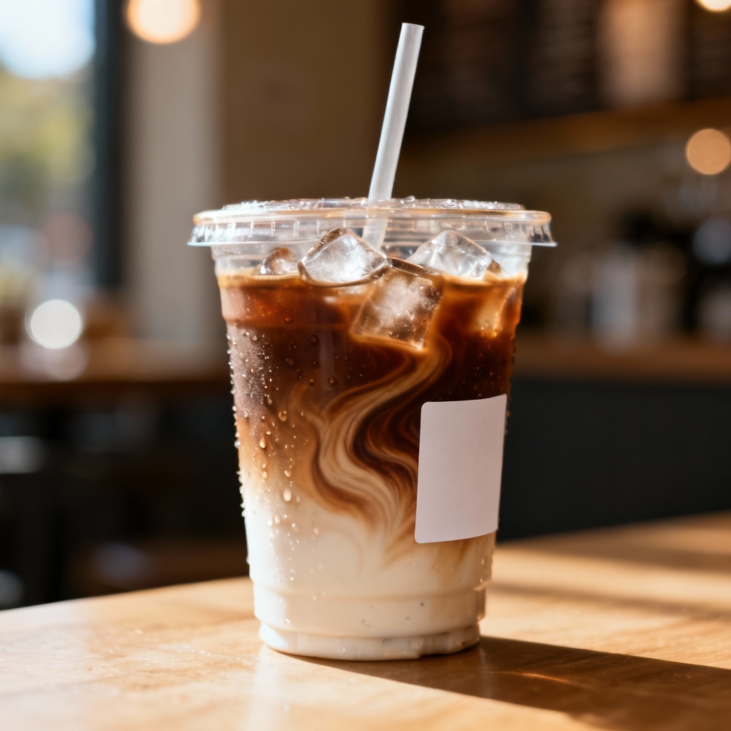 AI iced coffee image with milk swirls and condensation