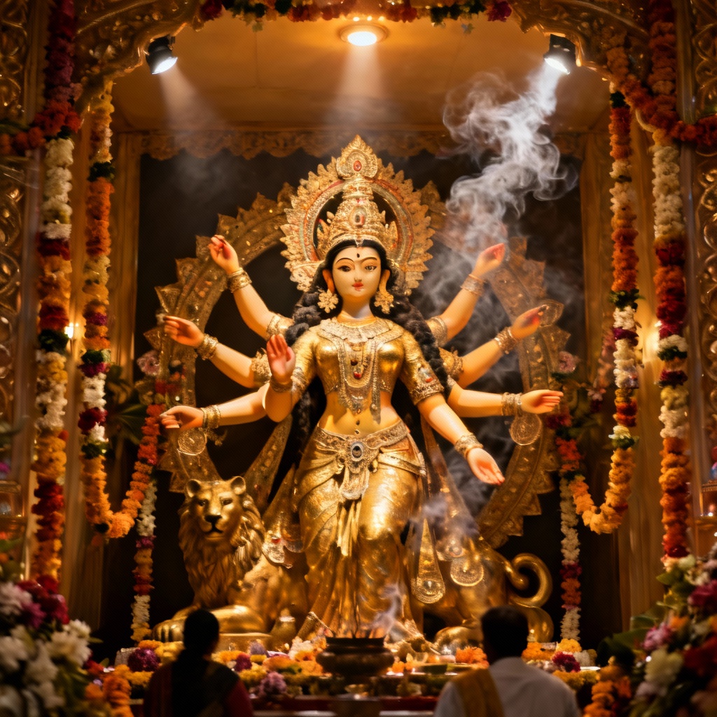 AI Durga Puja pandal with ornate idol and lights