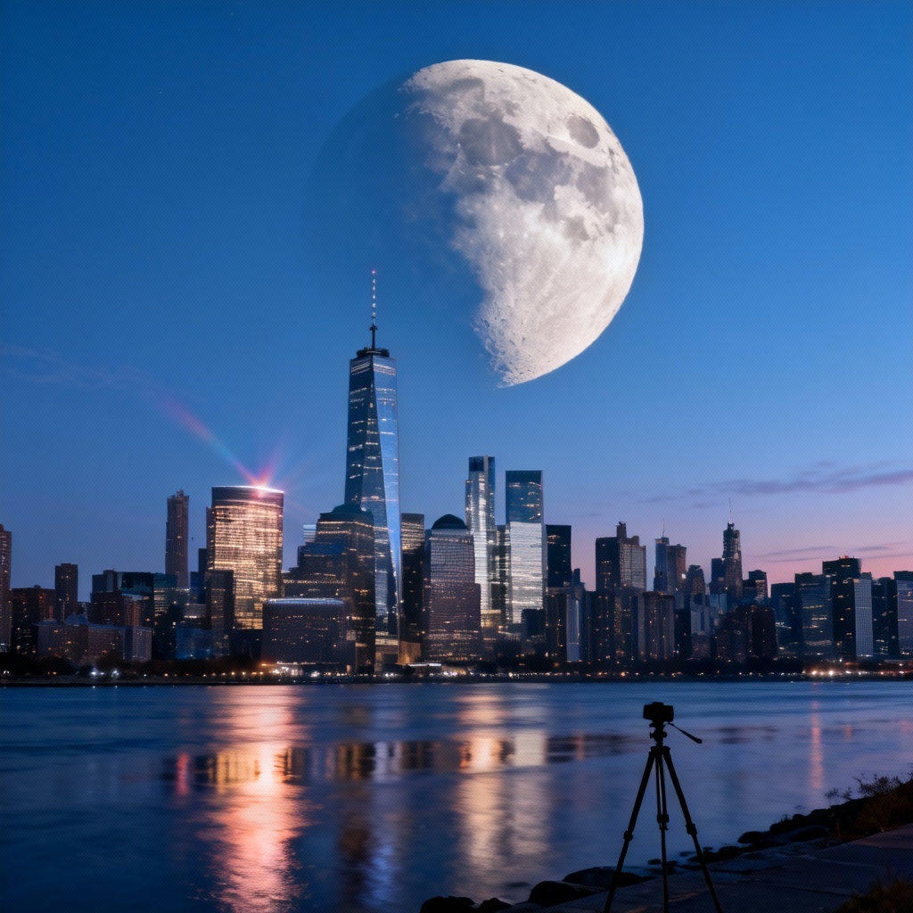 AI lunar eclipse with modern city skyline